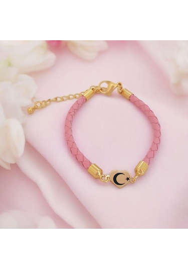 Archin Ay Yıldız Temalı Kalp Figürlü 14 Ayar Altın Plakalı Pembe Derili Hediye Bileklik-473sembol Türkiye