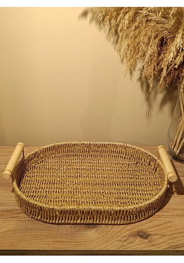 Hasır Rattan Bambu Kulplu Örme Tepsi Orta Boy Oval Diğer