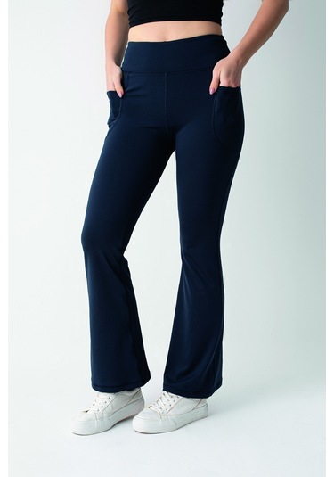 Lacivert Yüksek Bel Toparlayıcı Çift Cepli İspanyol Paça Tayt Lacivert