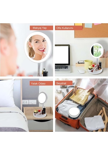 10x Büyütme Çift Taraflı Makyaj Ayna Katlanabilir 21 Led Işıklı Makyaj Aynası Usb Kablo Beyaz