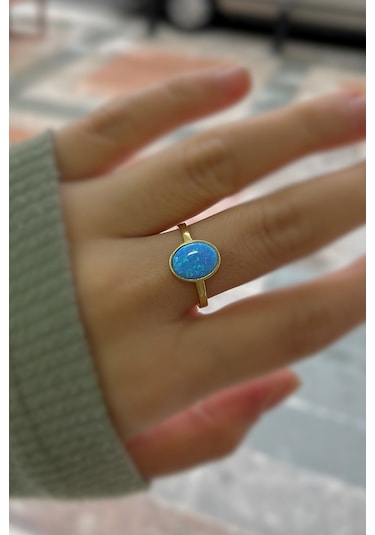 Gümüş Mavi Opal Taşlı Altın Kaplama Yüzük Sarı