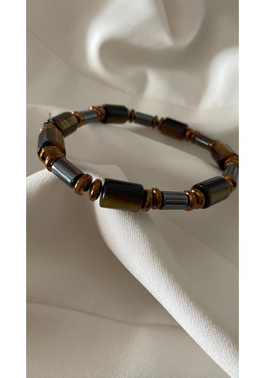 İlknur Doğal Taş Evi Hematit Ve Kaplangözü Taşı Bileklik Sarı - Kahverengi