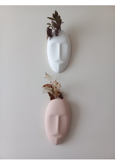 Dekoratif 2'li Yüz Duvar Vazosu, Duvar Süsü ,heykel Aksesuar Beyaz Bej