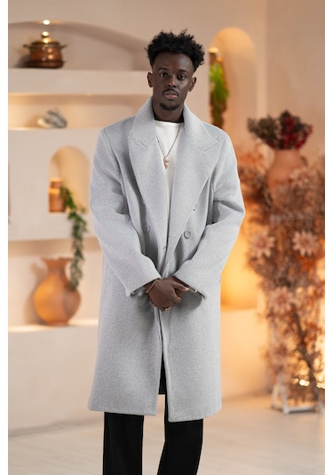 İtalyan Geniş Yaka Oversize Bol Kesim Salaş Uzun Kaban Gri