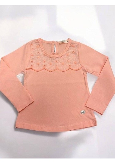 Kız Çocuk Çiçek Detaylı Pamuklu İnce Uzun Kollu Bluz-14829 Pembe