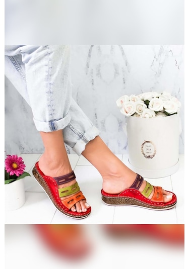 Hakiki Deri Joelle Kırmızı Mor Turuncu Yeşil Bej Comfort Lazer Kesim Terlik 001