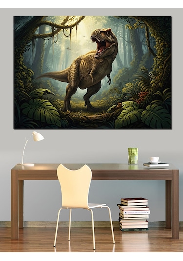 Ormanda Yürüyen Dev Dinazor T-rex Dekoratif Kanvas - Mdf Ahşap Tablo