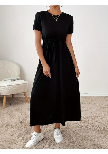 Kadın Kısa Kollu Bisiklet Yaka Belden Bağlamalı Önü Bağcık Detaylı Maksi Boy Viskon Elbise Siyah Kadın Kısa Kollu Bisiklet Yaka Belden Bağlamalı Önü Bağcık Detaylı Maksi Boy Viskon Elbise Siyah