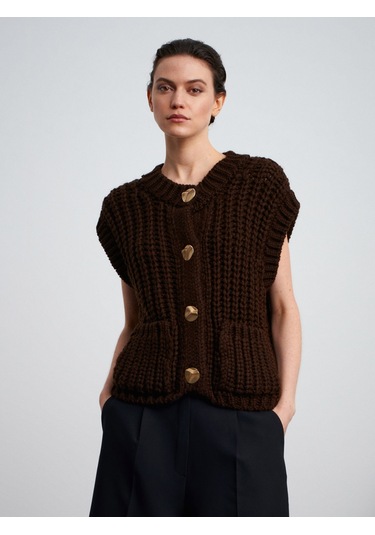 60961 Cep Detaylı Örgü Triko Süveter-koyu Kahve Koyu Kahve