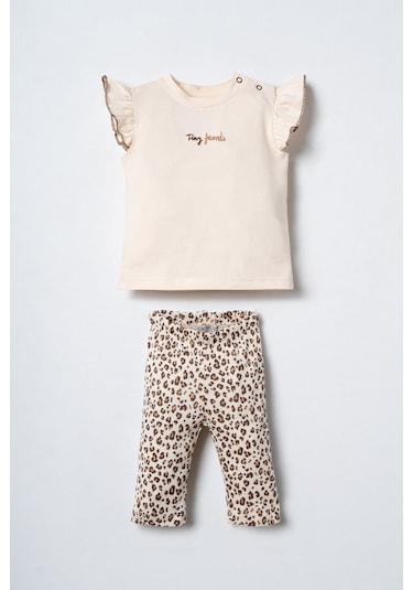 Durukoza Kız Bebek Leopar Taytlı Takım Krem