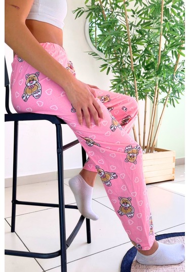 Dreamy Soft Kadife Dokulu Ayıcık Desenli Süet Pijama Altı Pantolon Pembe