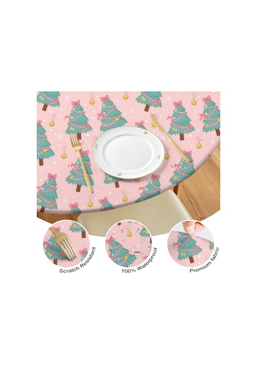 Noel Desenli Yuvarlak Elastic Masa Örtüsü, 45-52 İnç, Suya Dayanıklı, Piknik Ve Kamp İçin Noel Ağacı Kurdele