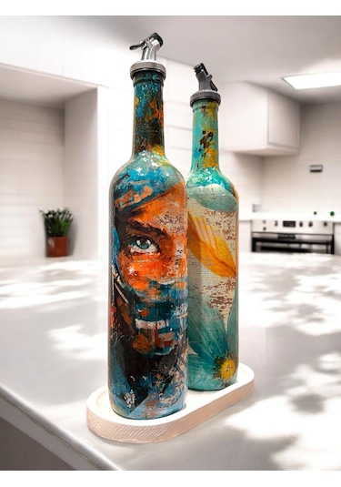 El Yapımı Soyut Kadın Portresi Ve Çiçek Motifli Vintage Yağdanlık Set, Mutfak Sosluk, Sirkelik Yeşil