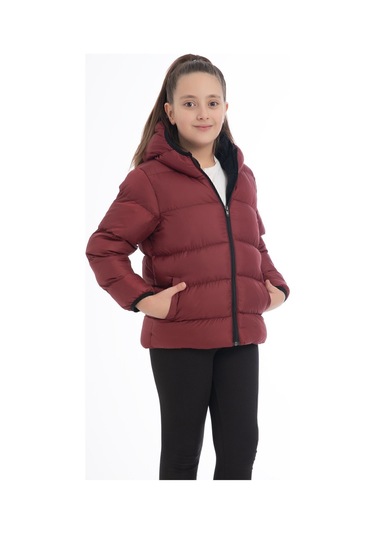 Kız Çocuk Içi Polarlı Kürklü Kapüşonlu Su Geçirmez Rüzgara Dayanıklı Cepli Şişme Kışlık Mont Bordo