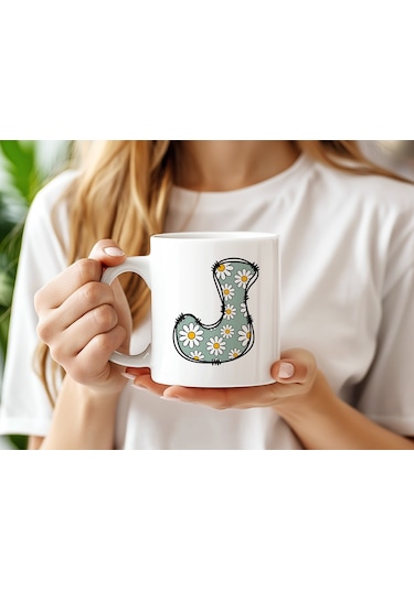 J Harfi Papatya Desenli Kupa Bardak - Retro Bahar Tasarım - Çiçekli Kahve Çay Kupası - Hediye Beyaz