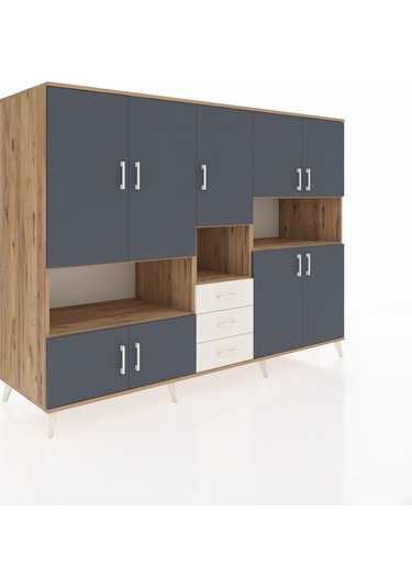 Kronos Dolap 13 Raflı 3 Çekmeceli 9 Kapaklı 220x59x163 Çam-antras Çam-antrasit/aytaşı