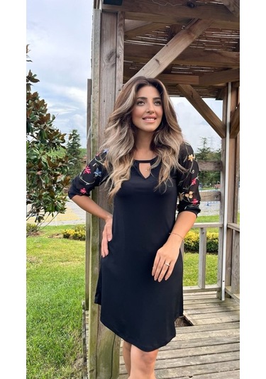 Kadın Fakir Kol Bisiklet Yaka Çiçek Desen Sandy Salaş Kısa Elbise Siyah