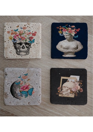 Çiçekli Heykel Kuru Kafa Ve Dünya Doğal Taş Bardak Altlığı 4'lü Set - Natural Stone Coasters - Taş Çok Renkli