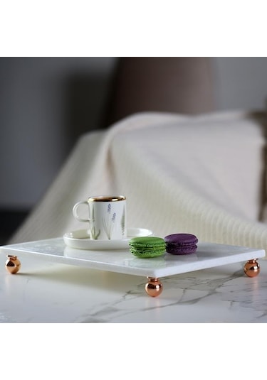 Akayev Mermer Beyaz 30x20 Cm Rose Gold Boncuk Ayak Sunumluk