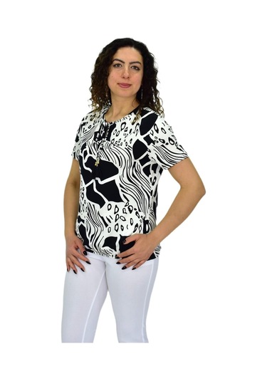Kadın Kısa Kol Baskılı Bluz Bgl-st04701 Siyah