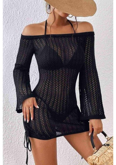 Angelsin Örme Yanlardan Büzgülü Uzun Kollu Plaj Elbisesi Pareo Siyah 001