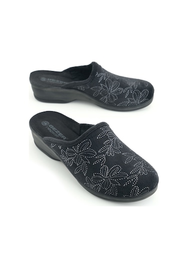 Gezer Kadın Kışlık Rahat Yüksek Taban Nakışlı Tasarım Ev Bahçe Terlik Siyah