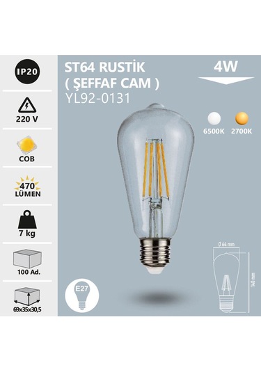 Led Rustik Ampul St64 4w 2700k Gün Işığı Noas Yl92-0131 Tekli Sarı Işık E27 Rustik Ampul 4 Watt Yok