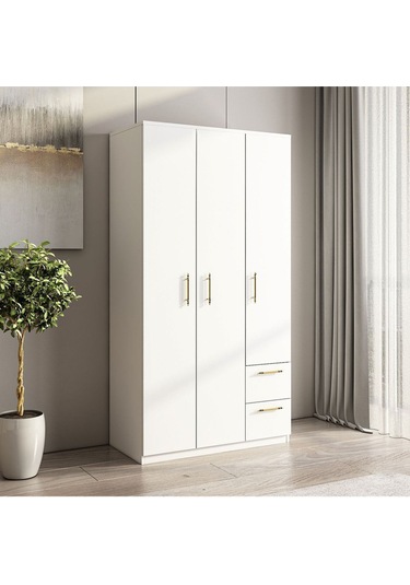 Merlin 3 Kapaklı, Çekmeceli, Raflı Gardırop, Yatak Odası Dolap, Elbise Dolabı İstanbul Ceviz - 172 Cm / Beyaz