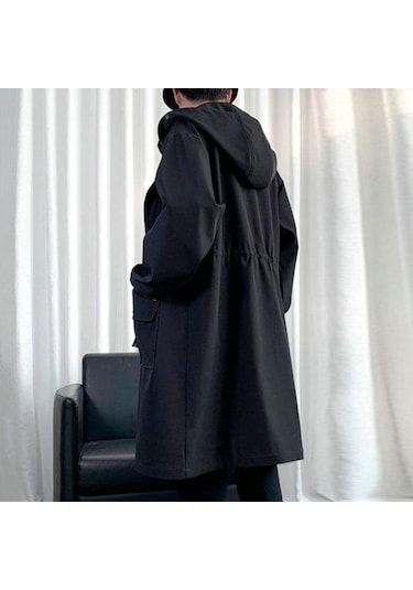 Erkekler Trençkot Kapşonlu Gevşek Orta Uzunlukta Büyük Cepler Uzun Kollu Rüzgar Geçirmez Düz Renk Fermuar Kapatma Kırışıklık Karşıtı Elastik Manşet Street... Siyah