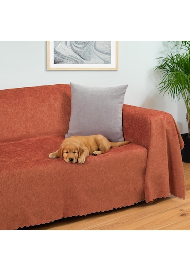 Jakarlı Şönil Koltuk Örtüsü Kanepe Örtüsü Koltuk Şalı 175x350 Kaymaz Kiremit Kiremit