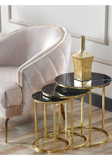 3' Lü Siyah Mermer Gold Metal Sehpa