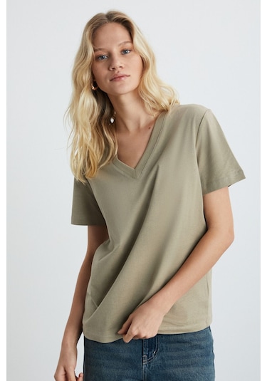 GRIMELANGE Alıne Kadın %100 Organik Pamuk Derin V Yakalı Comfort Fit Bej T-shirt Bej