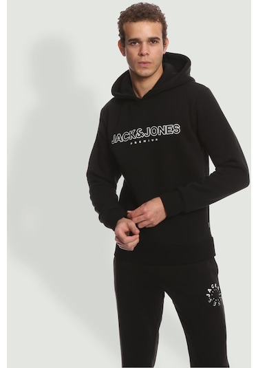 Jack & Jones Erkek Jprblajason Baskılı Kapüşonlu Sweatshirt 12249401 Siyah