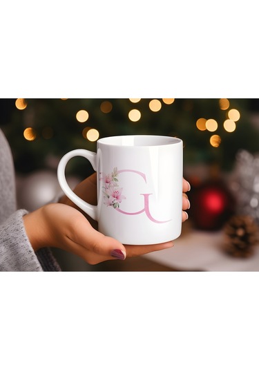 G Harfi Pembe Çiçek Desenli Kupa Bardak - Zarif Pembe Çiçek Tasarım Kahve Çay Kupası - Hediye Beyaz