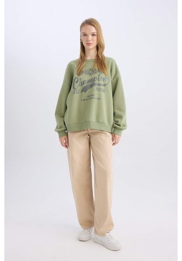 Defacto Coool Oversize Geniş Kalıp Bisiklet Yaka Baskılı Kalın Sweatshirt D5384AX24AUKH461 Haki