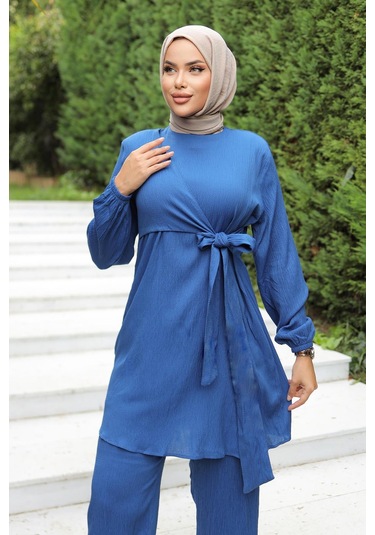 Yandan Bağlamalı Tesettür İndigo Takım I Ndigo