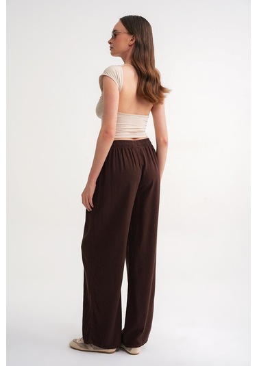 4629 Kadın Bol Paça Yüksek Bel Viskon Palazzo Pantolon Kahve Kahve