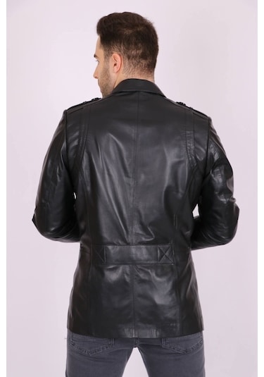 Erkek Siyah Hakiki Deri Yakalı Casual Klasik Ceket Mont