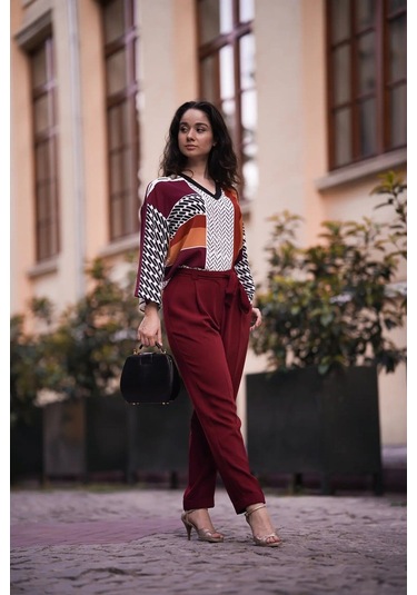 Kadın Geometrik Desenli Blok Renkli Bluz Frn1103 Kırmızı