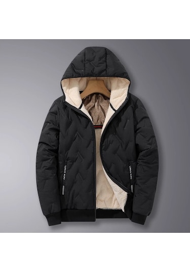 Yeni Erkek Kapüşonlu Pamuk Dolgulu Ceket, Kış Stili, Sıcaklık İçin Polar Ve Pamukla Astarlanmıştır. Siyah