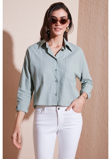 Lela Pamuk Ve Keten Karışımlı Regular Fit Önü Kısa Arkası Uzun Bayan Gömlek 6772867 Çağla