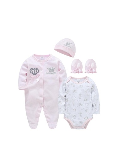 Pembe Bebek Kız Giysileri Set Erkek Pijama Bebe Fille Şapka Eldiven Pamuk Nefes Yumuşak Ropa Bebe Yenidoğan Uyuyanlar Bebek Pijamaları Pembe
