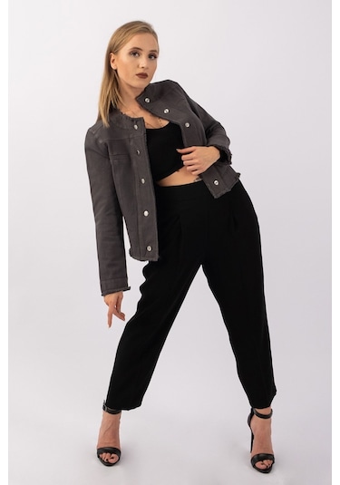 Bold & Young Kadın Yağ Yeşili Power Strech Çıt Çıtlı Slim Fit Denim Ceket Antrasit