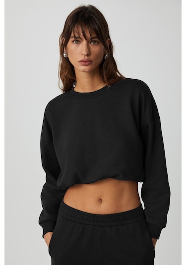 DEWANNA Kadın Uzun Kollu Crop Siyah Eşofman Takımı