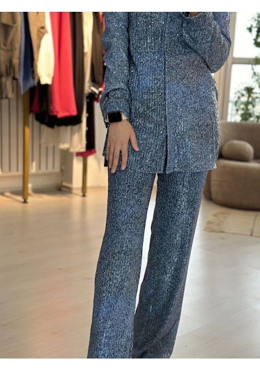 Touche Denim Efektli Payet Pantolon Mavi