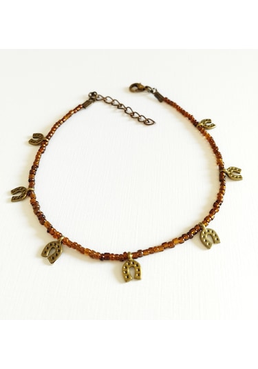 Başka Sanatlar H184 Nal Sembollü Boncuklu Halhal Kahverengi - Antik Sarı