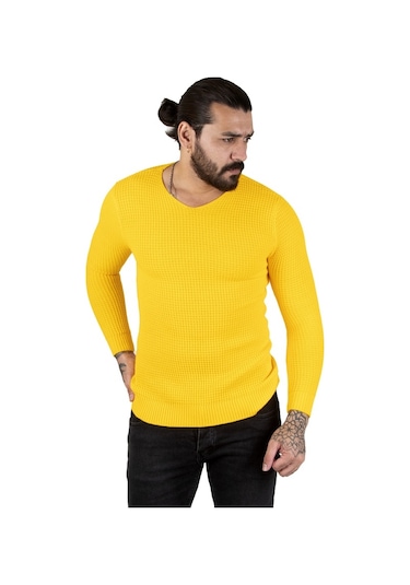Deepsea Erkek Sarı V Yaka Triko Kazak 2300341 Sarı