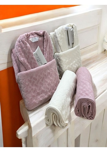 Banyo Çeyiz Seti, %100 Pamuk Bornoz Takımı, 8 Parça Aile Bornoz Seti, Havlu & Havlu Seti Pembe-krem Pembe