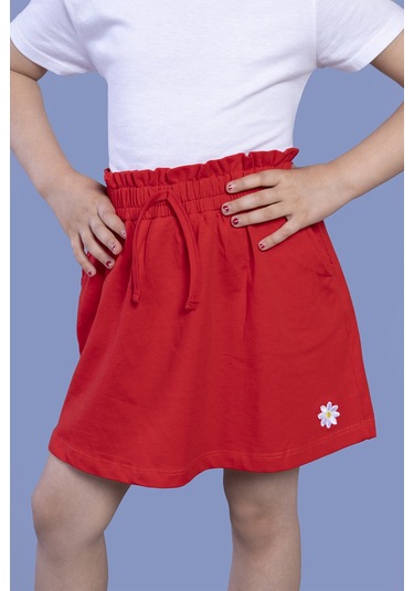 Toontoy Kız Çocuk Cep Detaylı Papatya Nakışlı Etek Kırmızı