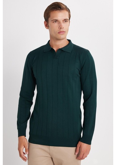Erkek Slim Fit Dar Kesim Uzun Kol Polo Yaka Çizgili Yeşil Kazak-35795 Yeşil